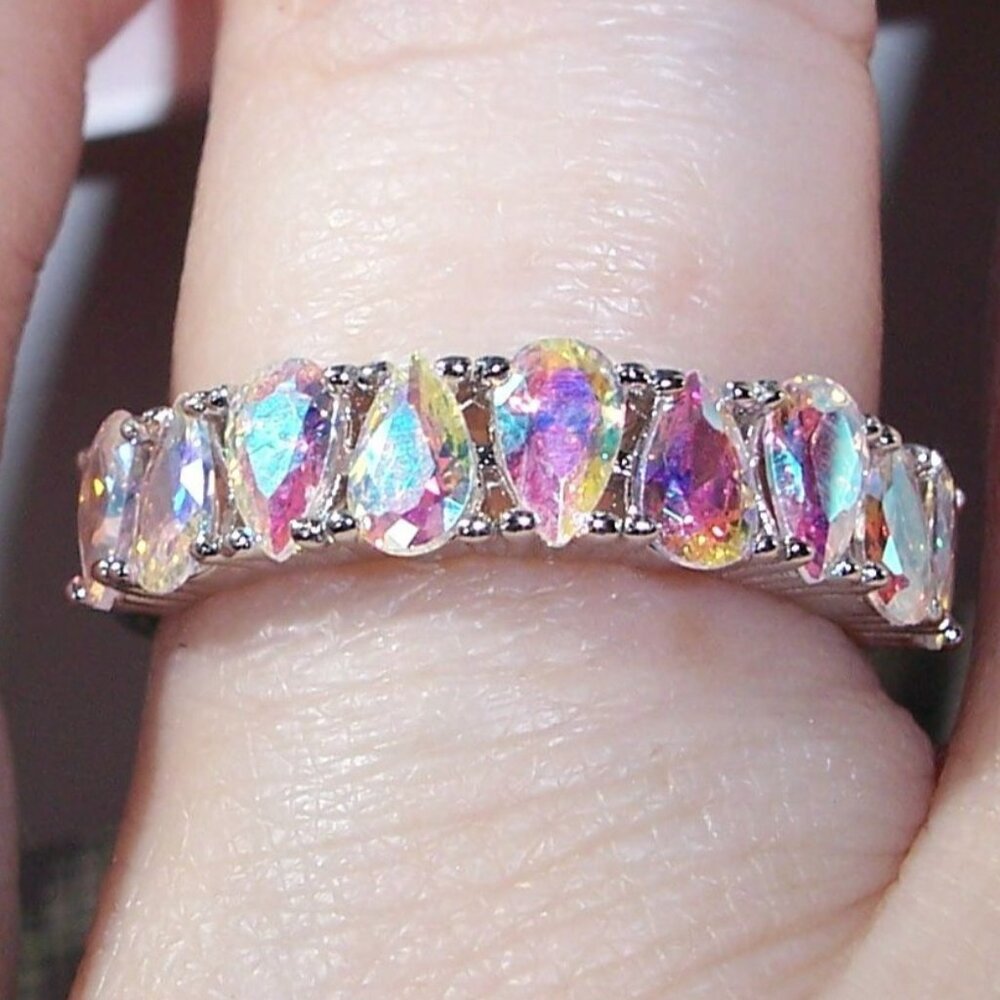 925 STERLING SILVER Aurora Borealis Cubic Zirconia Band Ring - Picture 2 of 16